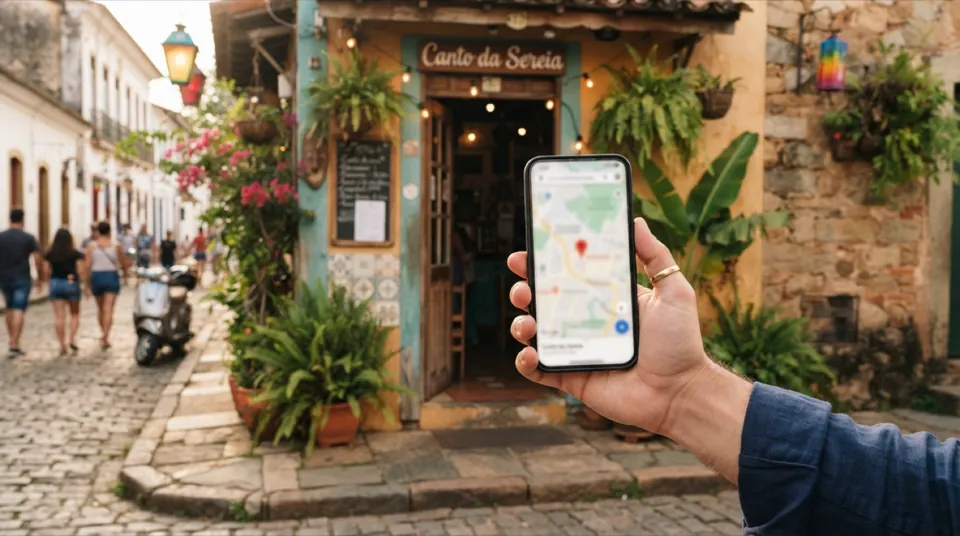 Mão segurando um celular com um mapa e um marcador de localização em frente a um pequeno restaurante